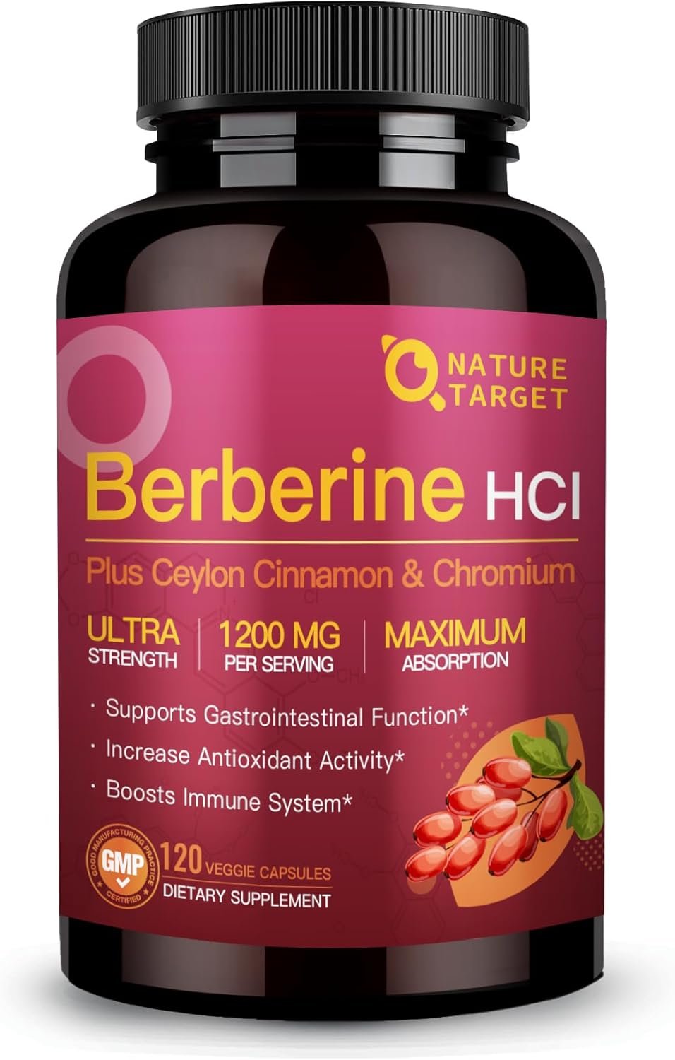 NATURE TARGET Berberine HCl 1200mg, Berberine Supplement with Ceylon Cinnamon, Chromium – Supports Immune, Gastrointestinal & Digestive Health, Non-GMO, 120 Capsules