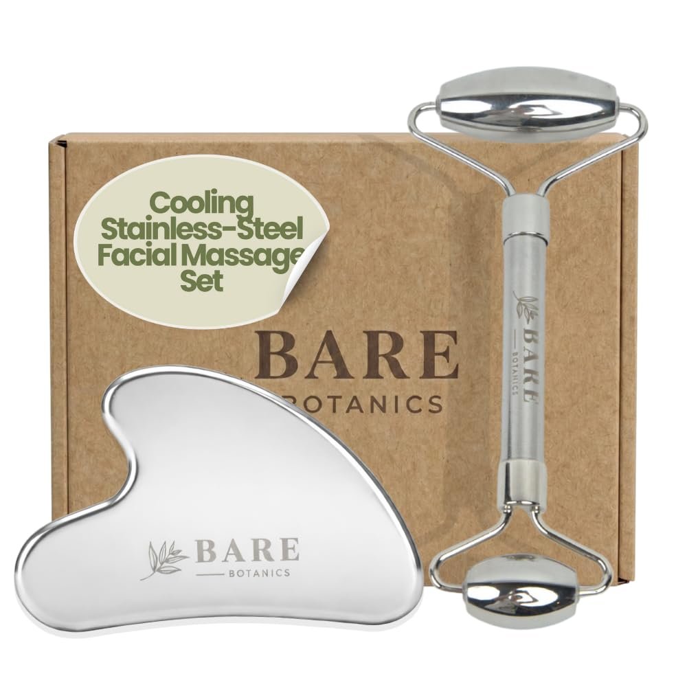 Bare Botanics Stainless Steel Gua Sha & Face Roller Set | Dual Facial Tools for Puffiness, Lymphatic Drainage & Glowing Skin | Durable, Easy to Clean Skincare Duo | Vegan & Cruelty-Free
