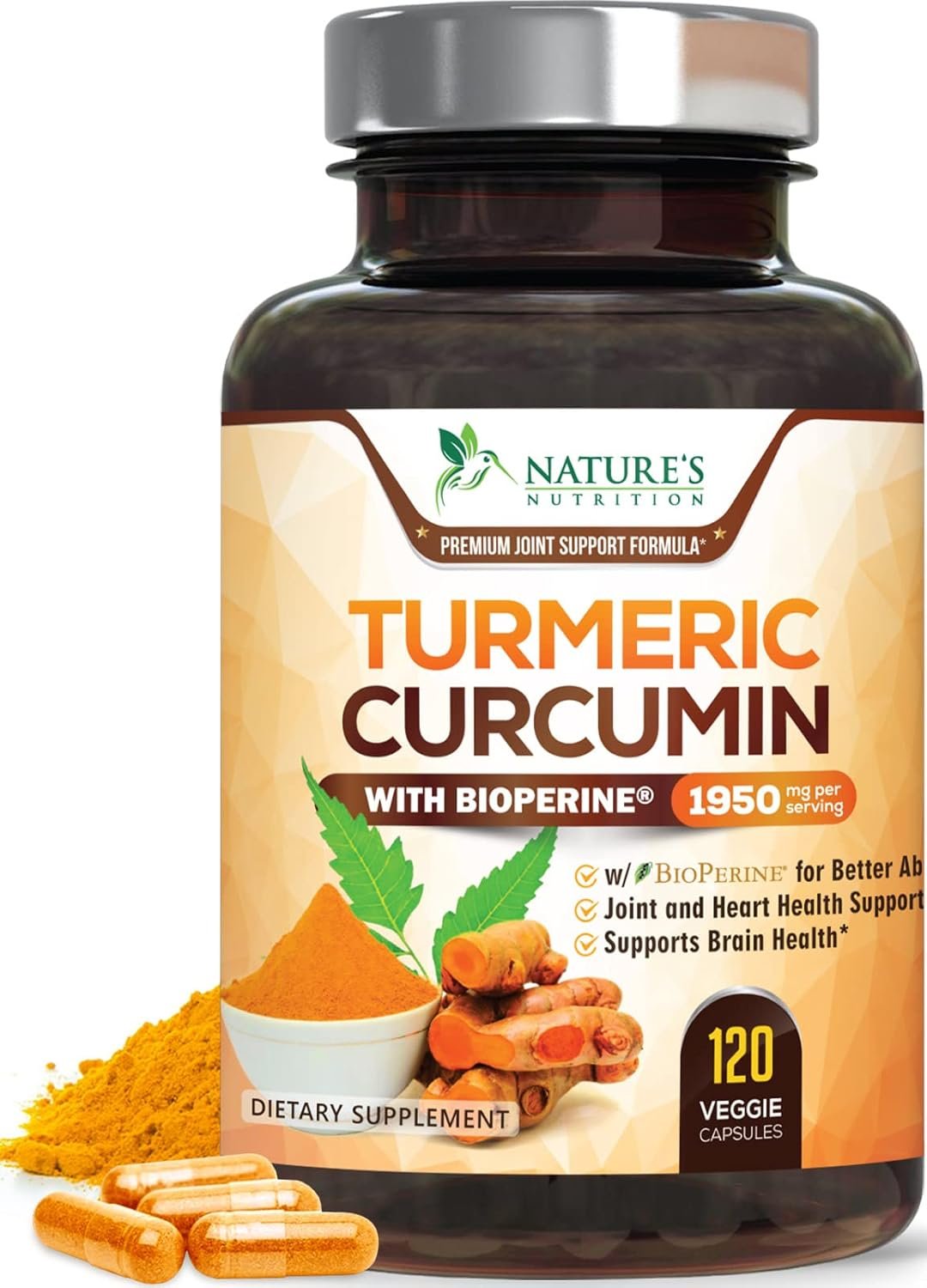 Turmeric Curcumin Supplement – 95% Curcuminoids with Organic Turmeric & BioPerine Black Pepper for Best Absorption – Daily Joint & Immune Health Support, Vegan, Non-GMO, Bottled in USA – 120 Capsules
