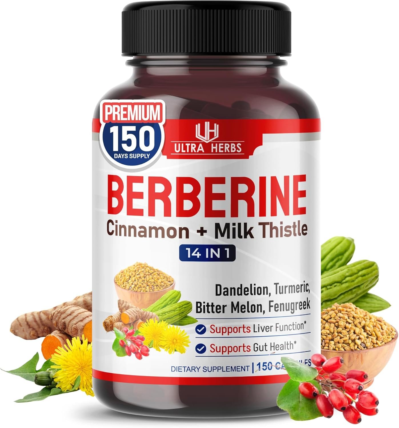 Ultra Herbs Premium Berberine with Cinnamon, Milk Thistle – Promotes Liver Function, Gut Health, Immunity (150 Count (Pack of 1))