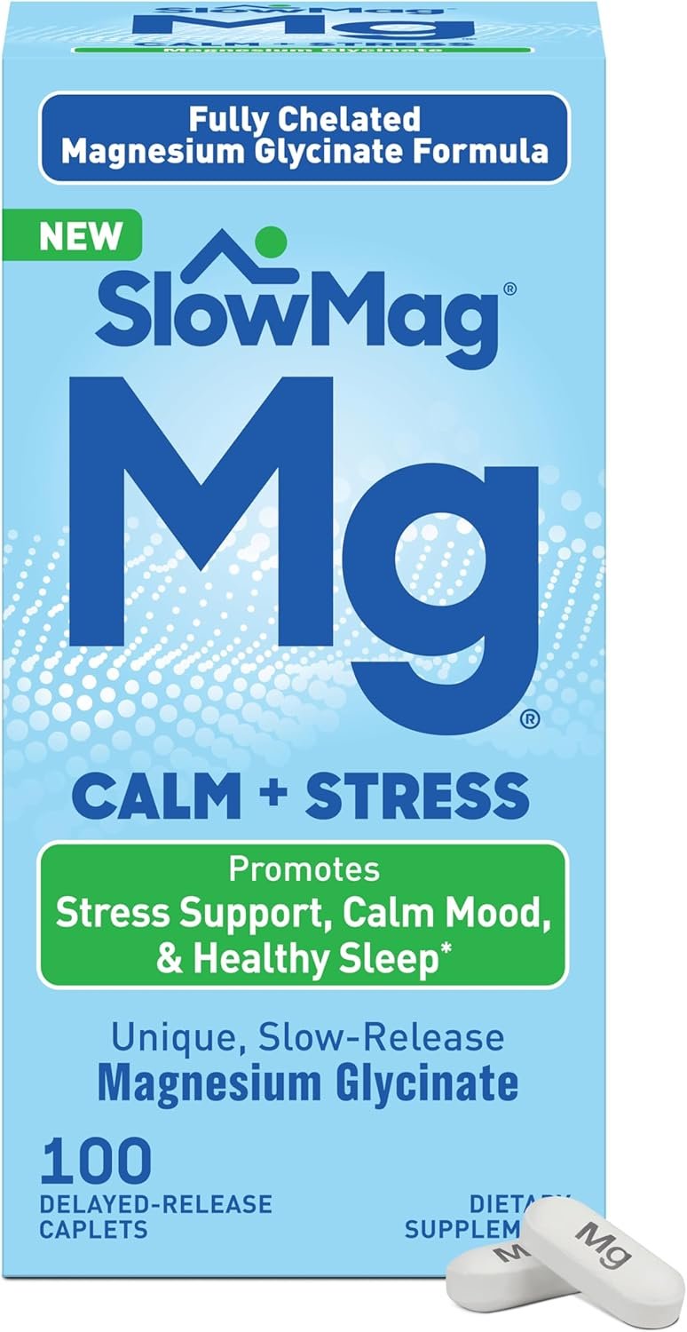 SlowMag Magnesium Glycinate Caplets, 100 Count, Slow-Release, Calm & Stress Support, Healthy Sleep, Gentle on Stomach, Magnesium Glycinate Supplements for Women & Men