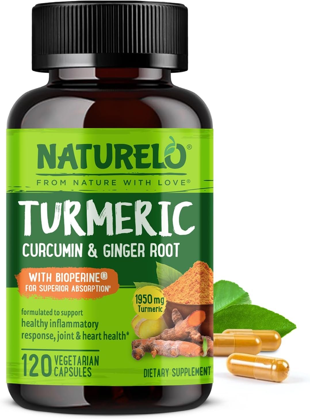 NATURELO Turmeric Curcumin – BioPerine for Better Absorption – Black Pepper, Ginger Root, Curcuminoids – Plant-Based Joint Discomfort Support – 120 Vegan Capsules