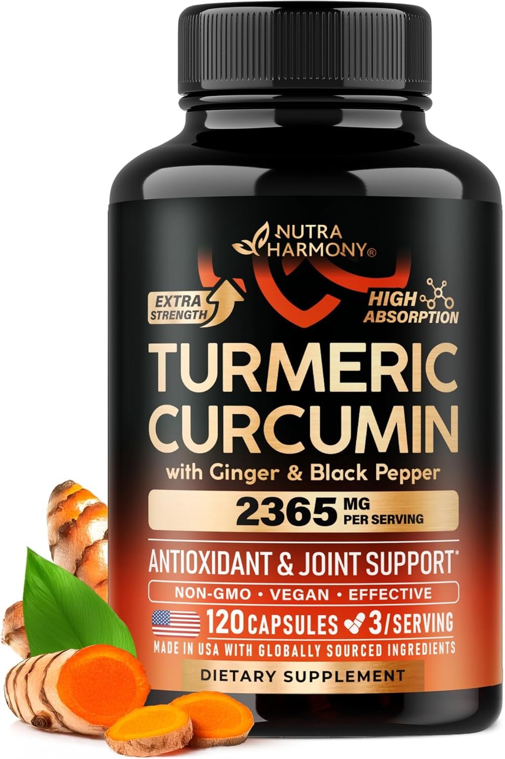 Turmeric Curcumin Supplement 2365 mg – Turmeric with Ginger & Black Pepper – Highly Bioavailable & Extra Strength 95% Curcuminoids – Antioxidant, Immunity & Joint Support – Made in USA – 120 Capsules