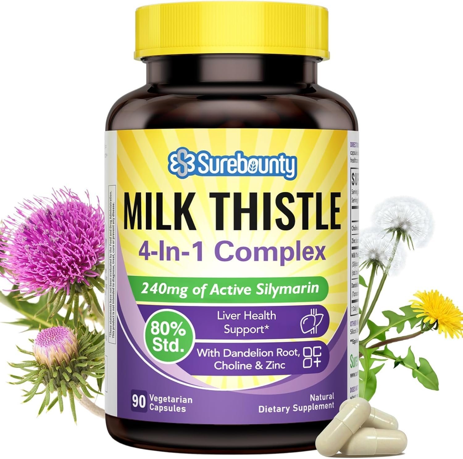 4-in-1 Milk Thistle Complex for Men & Women, Milk Thistle Extract with 240mg of Active Silymarin, 80% Std, with Dandelion, Choline, Zinc, Liver Detox & Repair, Non-GMO, Once Daily, 90 Veggie Caps