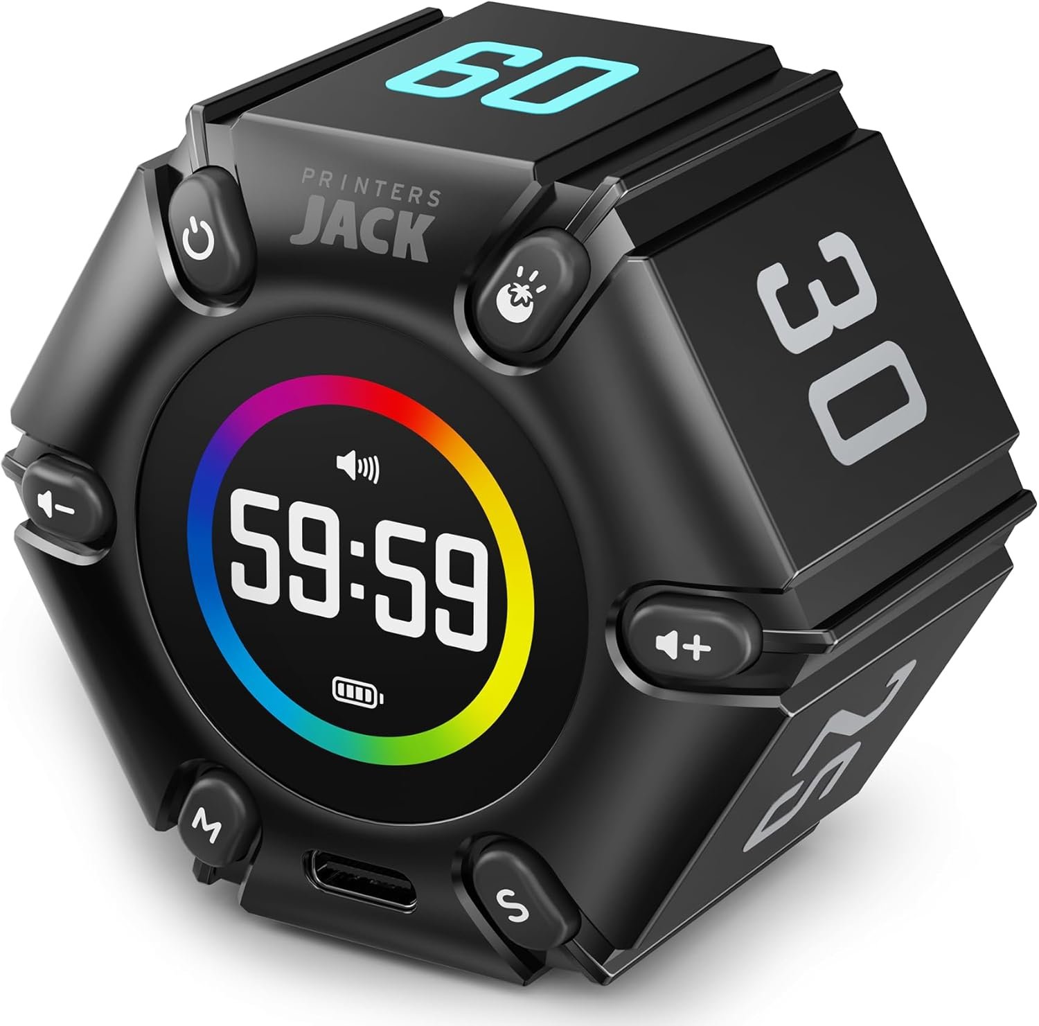 Jack Pomodoro Timer – Productivity Cube, Visual Focus Timer, Mute & Vibration & Adjustable Sound Alert, for Office, ADHD, Study, Work, 3/5/10/25/30/60min & Custom Countdown – Black