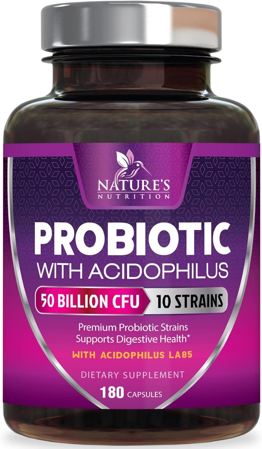 Probiotics for Digestive Gut Health – 50 Billion CFU Per Capsule, 10 Premium Strains & Prebiotics – Best Probiotics for Women & Men, Occasional Constipation, Gas, Immune Health Support – 180 Capsules
