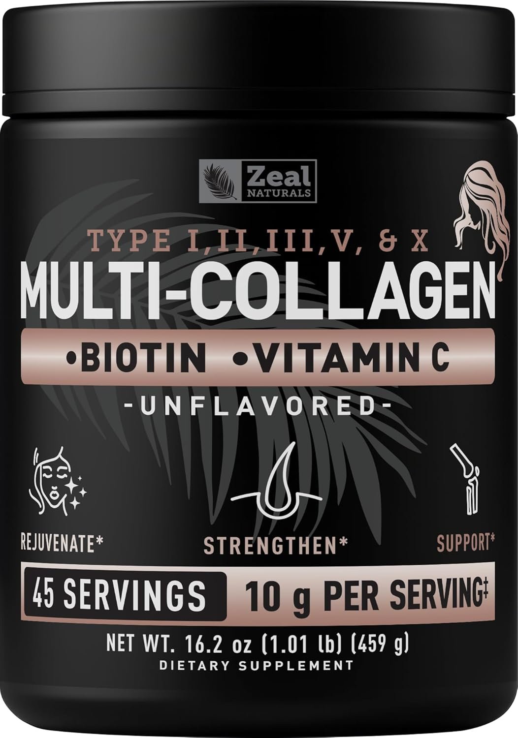 Zeal Naturals Multi Collagen Protein Peptides Powder Types I II III V X – Vitamin C, Biotin & Hyaluronic Acid – Hair, Skin & Nails – Marine, Bovine, Chicken & Eggshell – Unflavored, 45 Servings