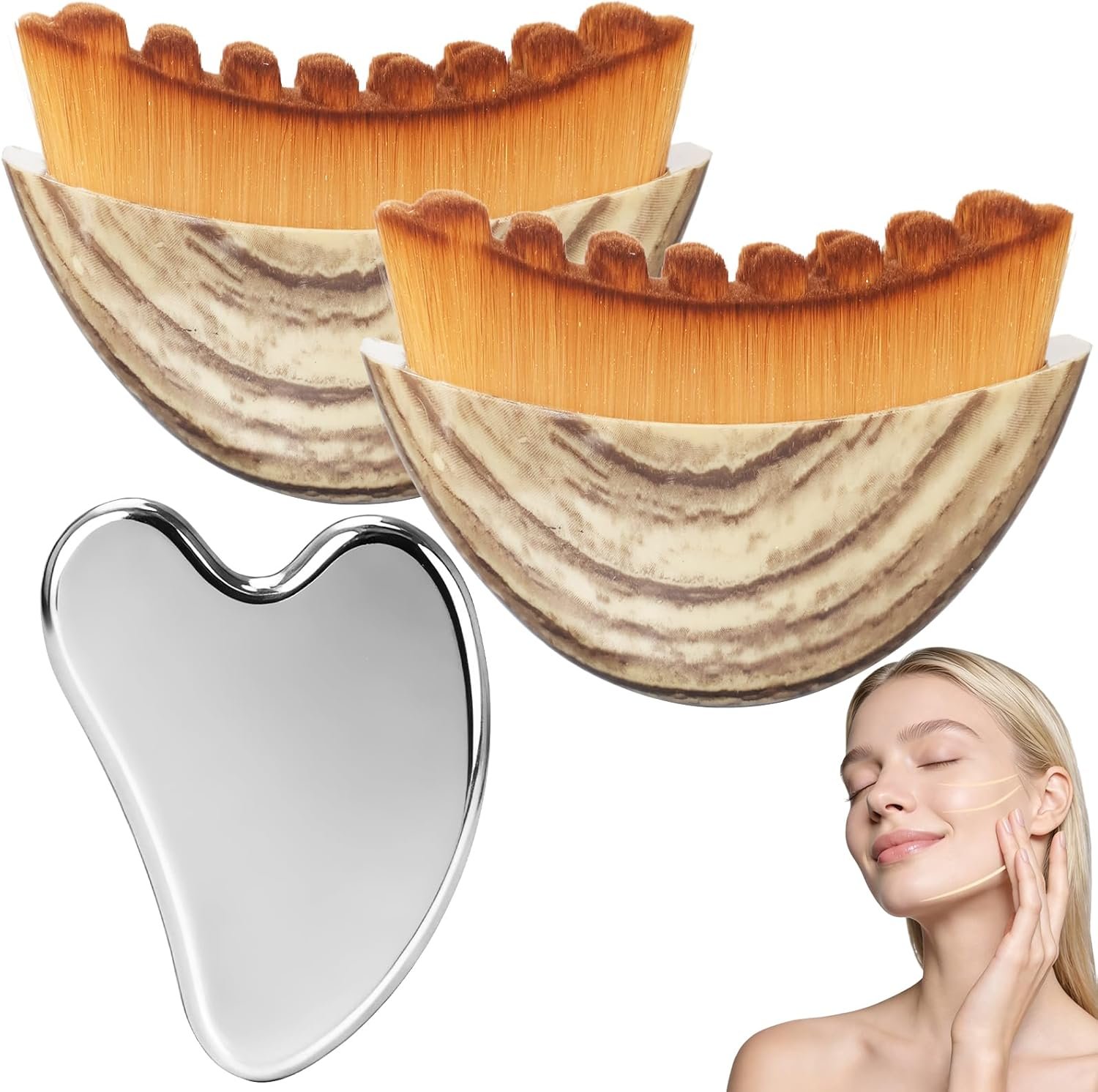 2PCS Lymphatic Contour Face Brush & Stainless Steel Gua Sha Tool Set, for Face and Neck Massage gua sha, Jawline Puffiness, Lifting, Relaxation, Lymphatic Drainage