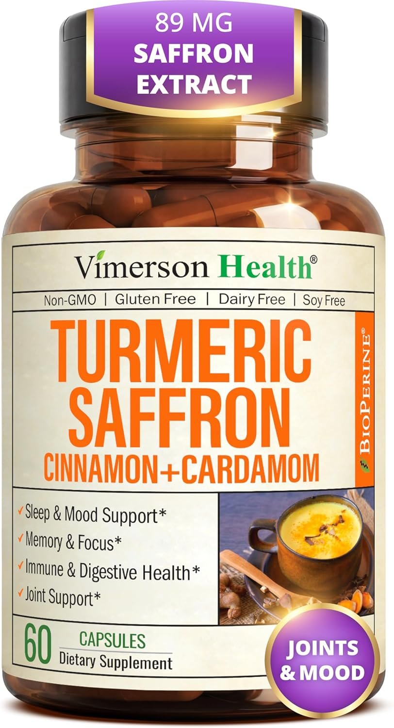Saffron Supplements – 89mg Saffron Extract, 1000mg Turmeric Curcumin, Ceylon Cinnamon & Cardamom – Daily Mood, Joint & Metabolic Support – Joint Supplements for Women & Men – 60 Capsules