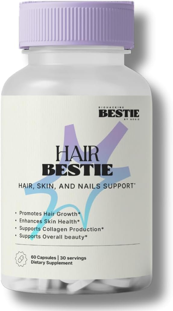 Biohacking Bestie Hair Bestie for Women & Men – Hair Growth Supplement with Biotin, Collagen, Vitamin B5, & Keratin, Support for Skin Health & Nails – 60 Capsules