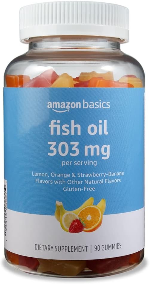 Amazon Basics Fish Oil 303 mg, Soft Chew Gummies, Lemon, Orange & Strawberry-Banana Flavors, 90 Count, EPA and DHA Omega-3 Fatty Acids (Previously Solimo)