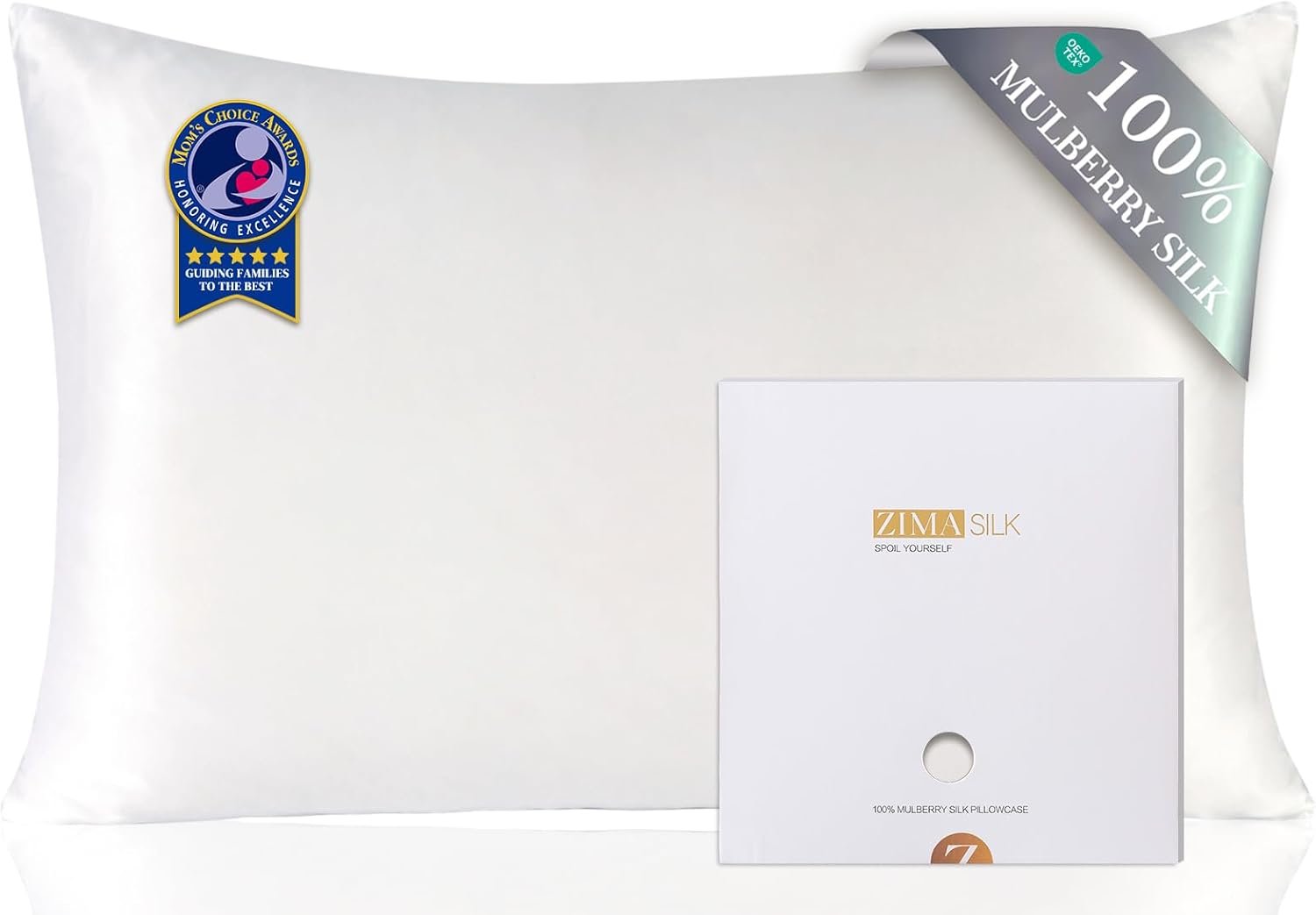 ZIMASILK 100% Pure Mulberry Silk Pillowcase for Hair and Skin Health,Soft and Smooth,Both Sides Premium Grade 6A Silk,600 Thread Count,with Hidden Zipper,1pc(Standard 20”x26”,White)