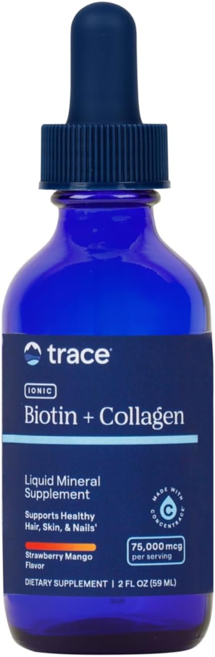 Trace Minerals Ionic Biotin + Collagen – Skin Supplement for Healthy Hair & Strong Nails – Liquid Biotin & Collagen – Supports Mineral Balance – Strawberry Mango Flavor – 2 fl oz (29 Servings)