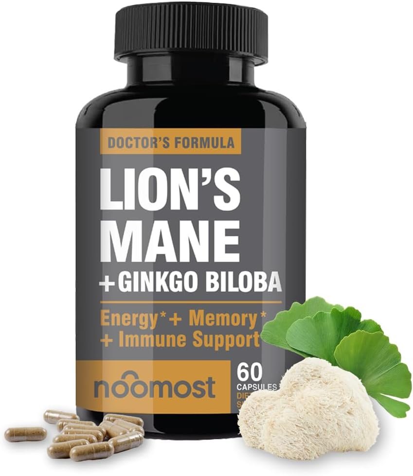 NooMost Lions Mane Mushroom Supplement Capsules 1080mg With Ginkgo Biloba – Energy, Focus, Clarity & Memory Support – Real Superfood for Brain Health for Men & Women – Made in USA – 60 Veg Caps