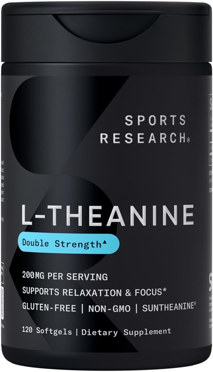 Sports Research Double Strength L-Theanine Supplement – Suntheanine Softgels for Focus, Relaxation & Alertness – Non-Drowsy Support Made with Coconut Oil, Non-GMO & Gluten Free – 200mg, 120 Count
