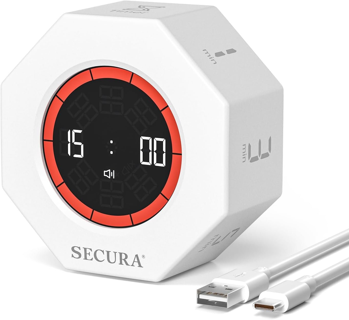 Secura Pomodoro Timer, Rotating Cube Time Tracker, Flip Gravity Sensor with 7 Presets(1/3/5/10/15/30/60 Min), Visual Progress Bar for ADHD, Kids, Tasks, Work, Study (White)