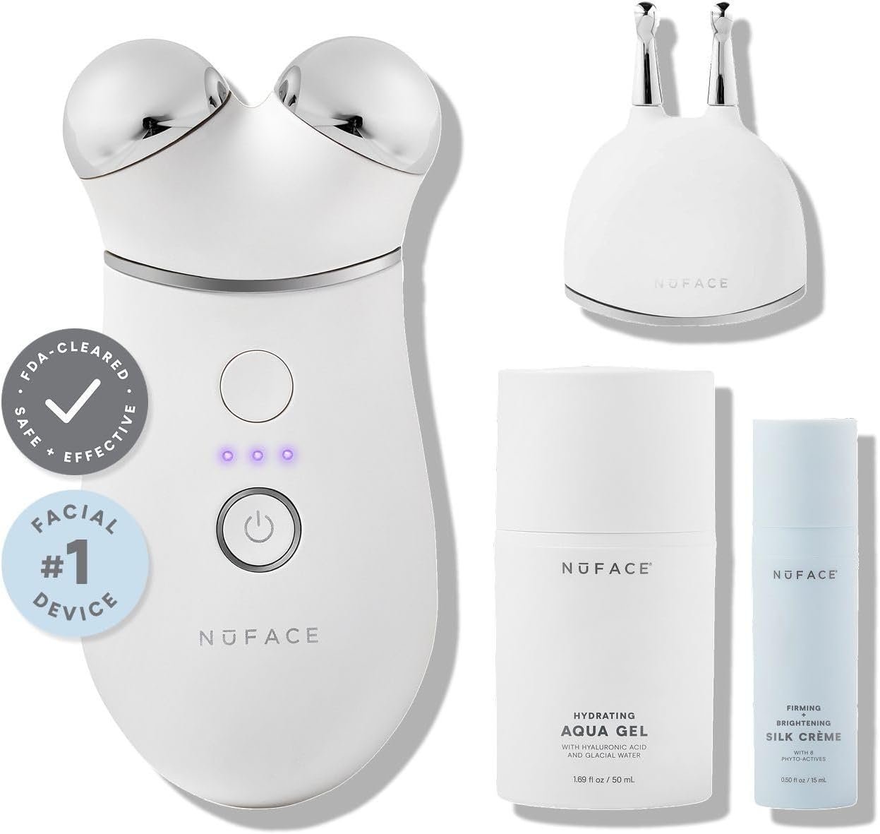 NuFACE TRINITY+ Microcurrent Facial Device + Effective Lip & Eye Attachment – FDA Cleared Skin Tightening & Face Toning Device for Targeted Treatment + Microcurrent Gel Activator, Silk Crème & Brush