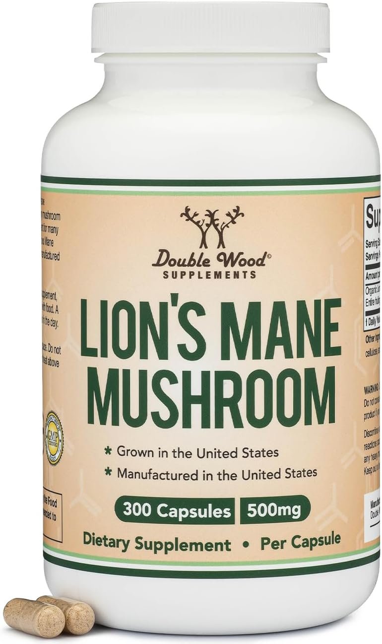 Organic Lions Mane Mushroom Capsules (300 Count), for Focus Support and Immune Health, Third Party Tested and Grown in The USA – by Double Wood