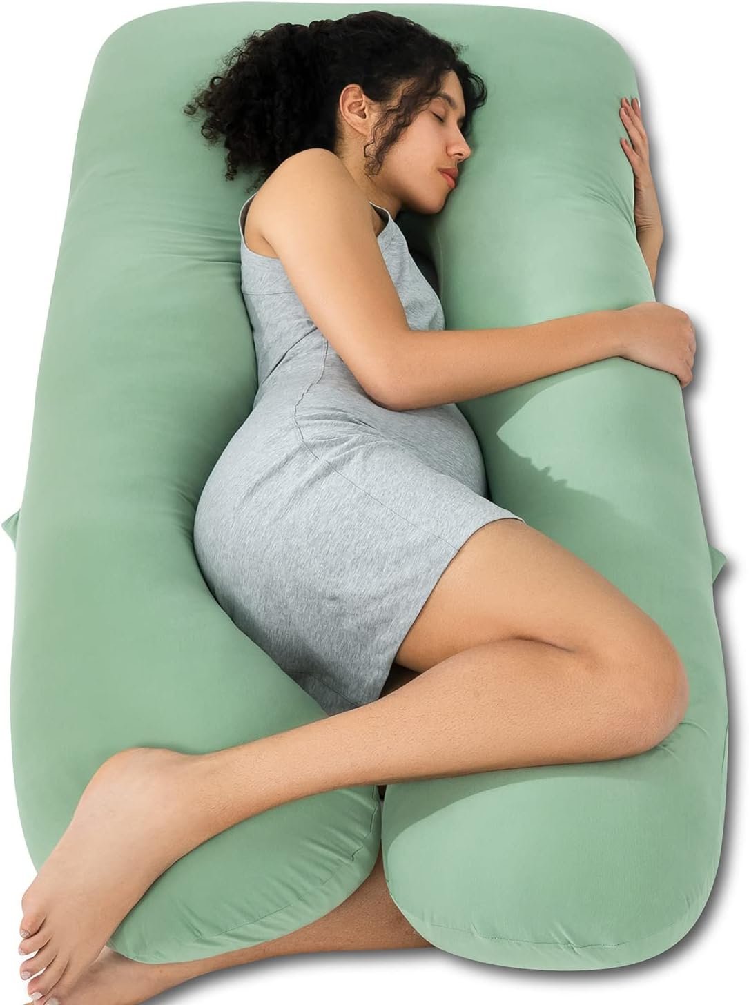 QUEEN ROSE Cooling Pregnancy Pillows, U Shaped Full Body Maternity Pillow for Pregnant Support, Rayon Derived from Bamboo, Buttery Soft, Super Breathable for Hot Sleeper, Green