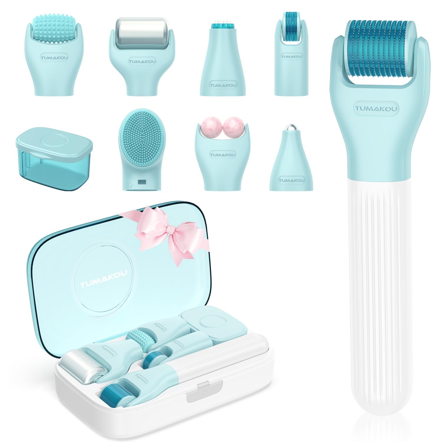 Derma Roller, TUMAKOU 10 in 1 Microneedle Roller Set for Face, Body, Scalp, Beard Hair, Microneedling Micro Needling Roller Kit for Women Men, with Storage Case & Face Ice Roller & Facial Brush(Green)