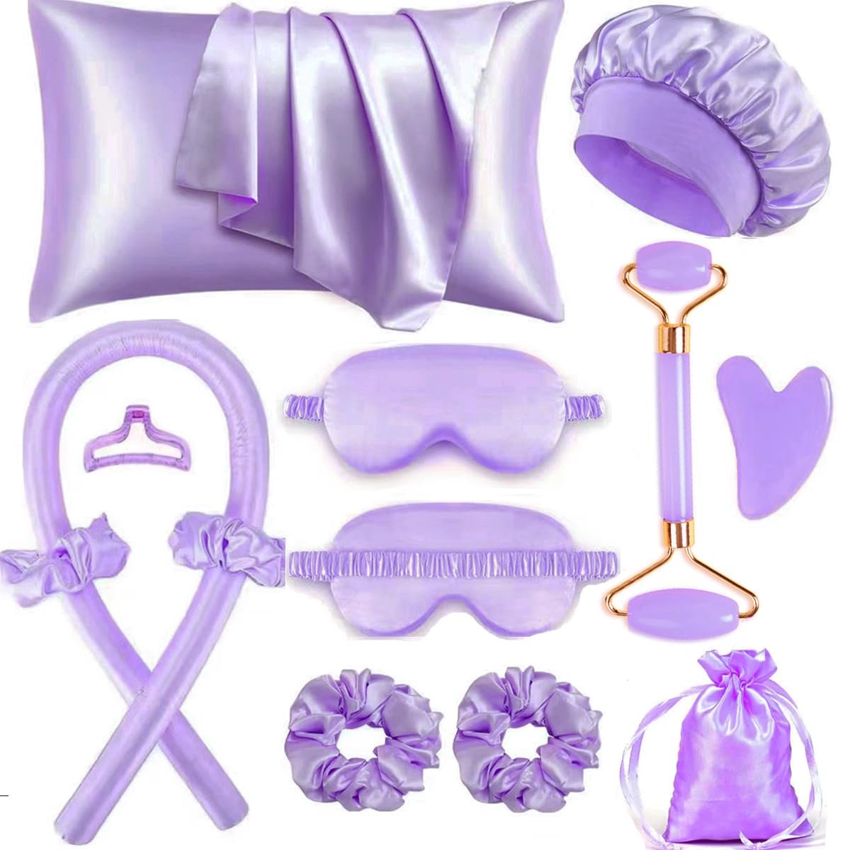 Heatless Curls Overnight Hair Curlers with Satin Pillowcase for Hair and Skin Queen Set, Sleeping Bonnet Eye Mask and Face Massager, 12pcs Hair Styling Tools Set for Sleeping(Purple)