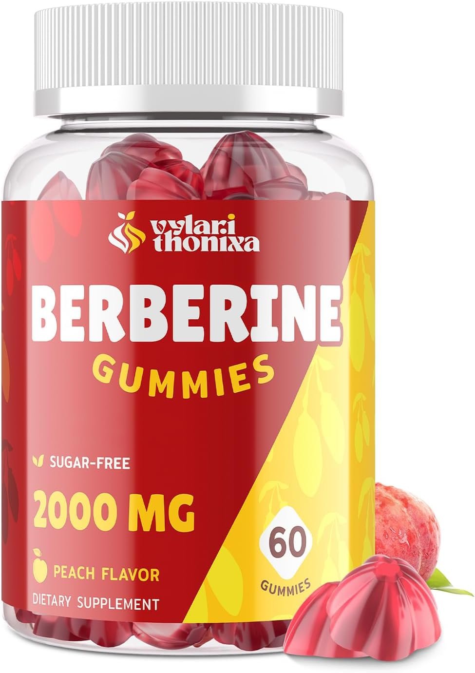 2000mg Berberine Supplement Gummies – High Potency Wellness Blend with Ceylon Cinnamon, Turmeric, Magnesium & Chromium, Vegan, Non-GMO, Gluten-Free, Peach Flavor, 60 Gummies – 1 Pack