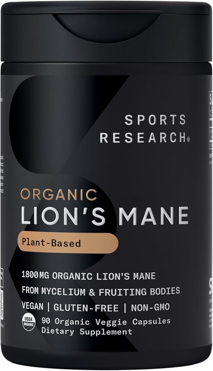 Sports Research® Organic Lion’s Mane Mushroom Supplement 1800mg – Brain Health, Focus & Cognitive Supports – USDA Certified Organic · Non-GMO · Vegan – 90 Count Capsules