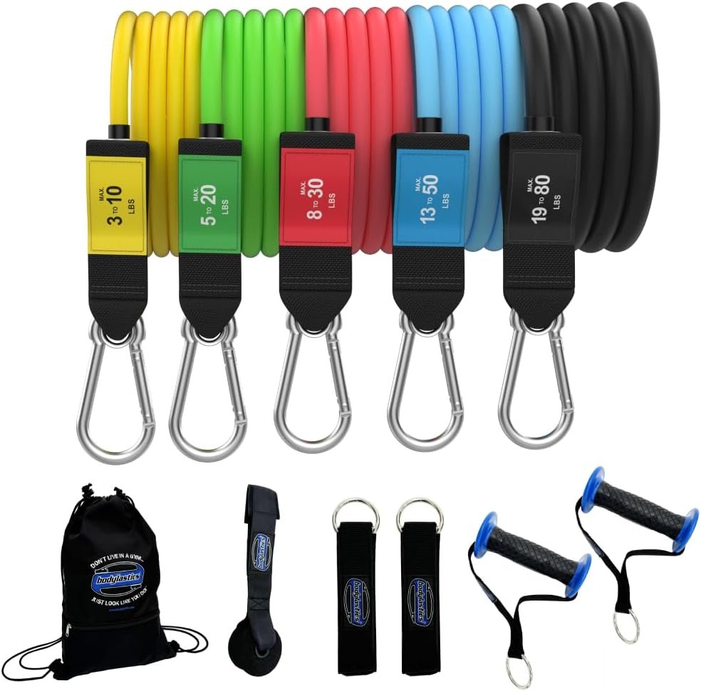 Bodylastics Patented Basic Series Resistance Band Set – 5 Resistance Bands with Snap Reduction Tech, 2 Handles, 2 Ankle Straps, 1 Door Anchor & 1 Carry Bag