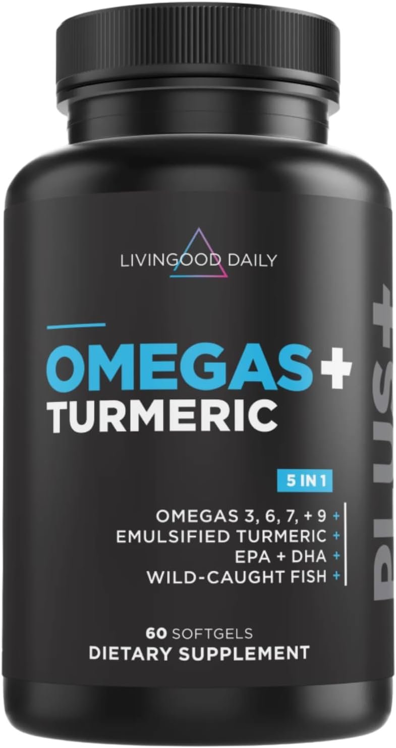 Livingood Daily Omega 3 6 9 Plus Turmeric Curcumin Supplement, 60 Softgels – Fish Oil Omega 3 Supplements (EPA & DHA) for Men and Women – Brain, Joint, Heart Health, and Metabolism – Made in USA