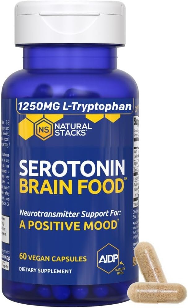 Serotonin Brain Food – 1250mg L-Tryptophan & 400mg Rhodiola Rosea Supplement – Mood Support Supplement for Stress Relief – Neurotransmitter Support with Magnesium Glycinate & Zinc – 60 Capsules