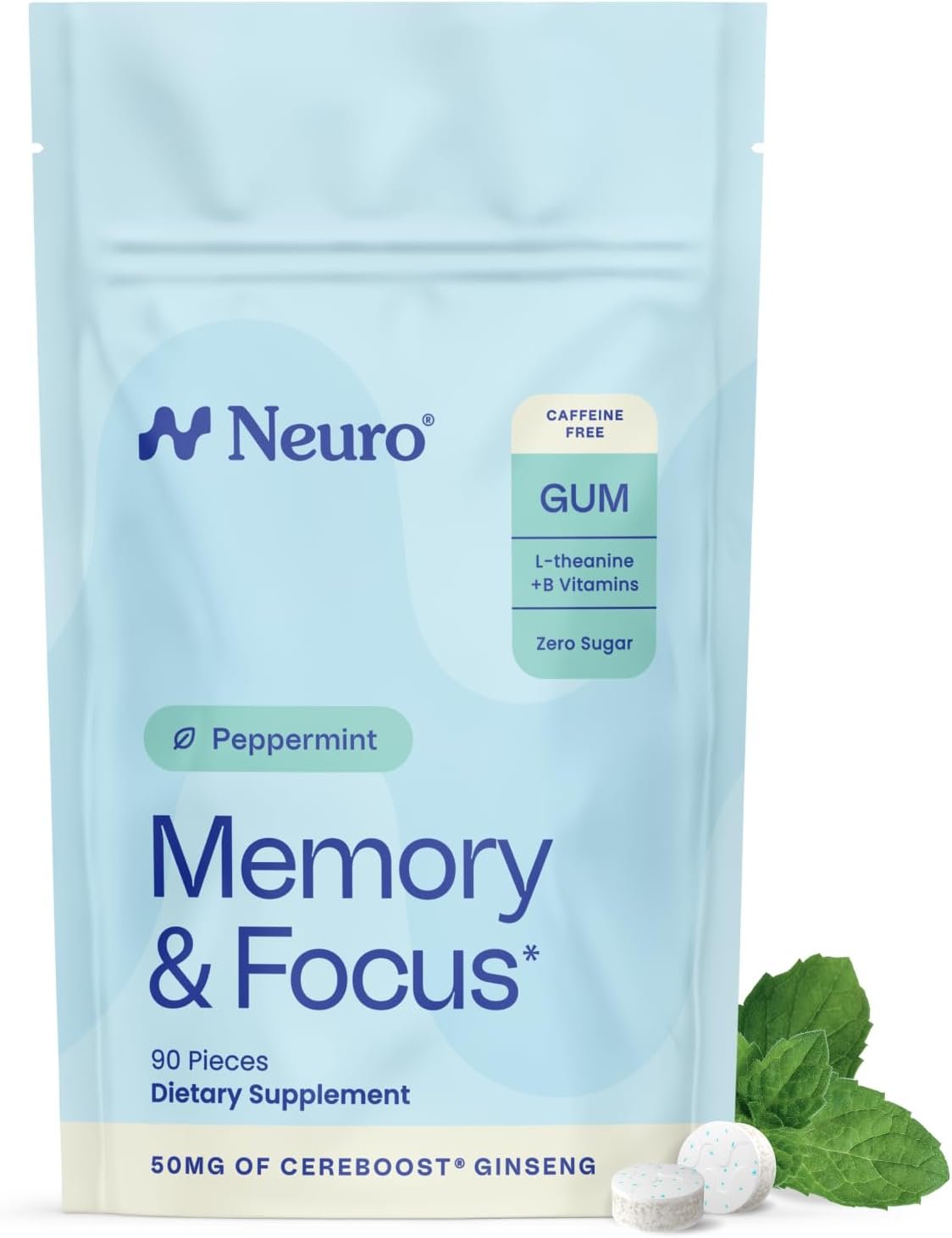 Neuro Memory & Focus Gum – Nootropic Gum with Vitamin B12, Vitamin B6, L-Theanine & Ginseng Extract – Natural Brain Support Supplement – Vegan, Caffeine & Sugar Free Chews – Peppermint, 90 ct