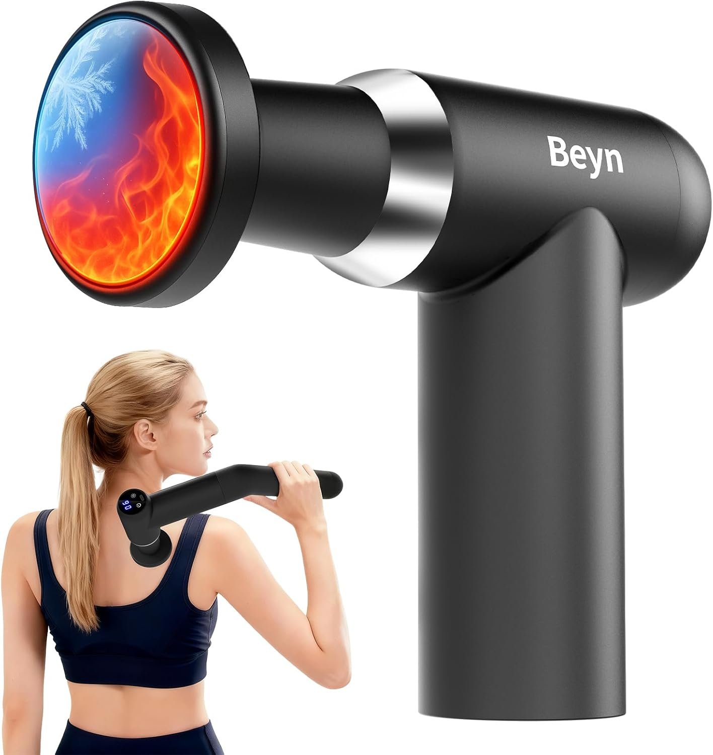 Beyn Hot & Cold Therapy Massage Gun with Detachable Long Handle – Deep Tissue Percussion Massager for Back Pain Relief, 6 Speeds & 6 Heads, LCD Display, USB-C Rechargeable, Quiet Muscle Massager