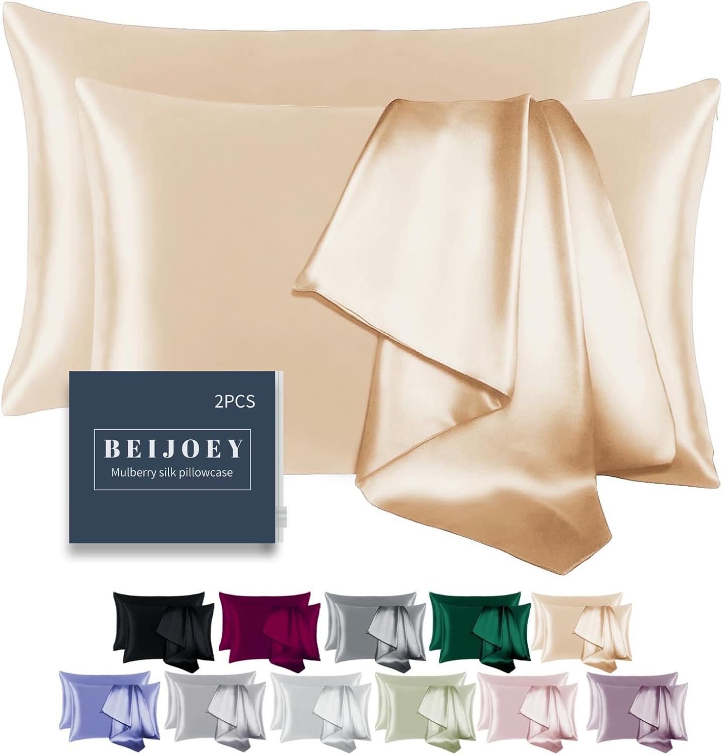 100% Mulberry Silk Pillowcase 2 Pack for Hair and Skin,with Hidden Zipper,Both Sides 19 Momme 600 Thread Count Natural Silk Pillow Cover,Soft Breathable Smooth (Buff Beige, Standard 20”x26”)