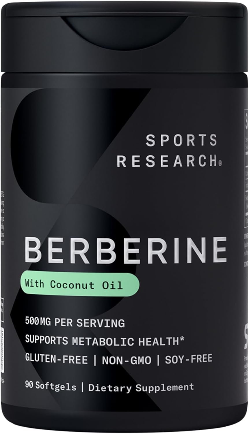 Sports Research Berberine Supplement with Coconut Oil – Herbal & Ayurvedic Metabolic Health Support – Berberine 500mg, 90 Softgels – Gluten-Free, Non-GMO Berberine Powder
