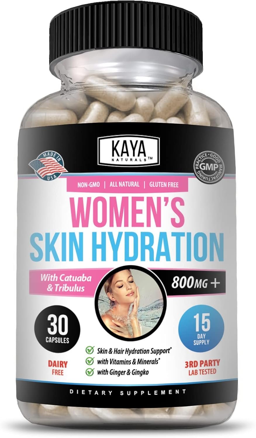 Kaya Naturals Skin Hydration Vitamins – Female Pills – Skin Enhancer Capsules -Hydration Booster for Women – Promotes Increased Energy, Mood & Stamina – Reduction in Dryness – 30 Veggie Capsules