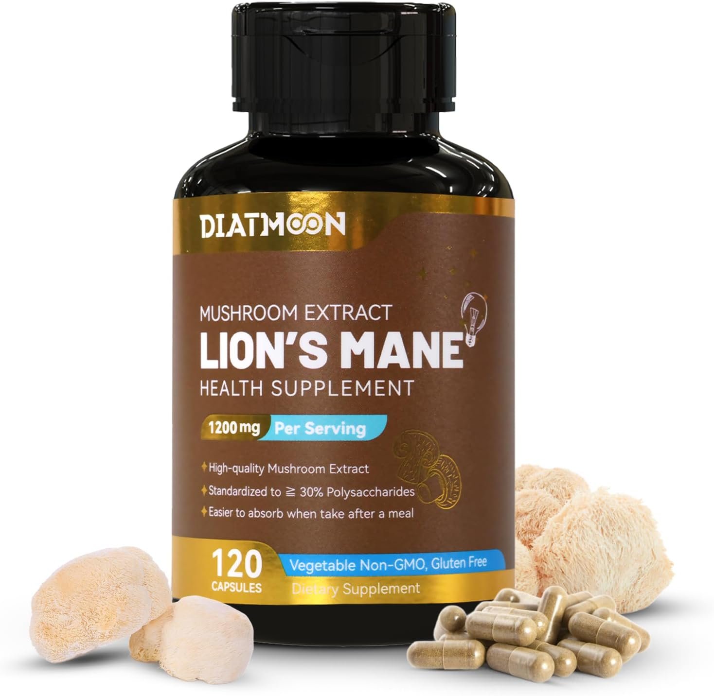 Lions Mane Supplement Capsules, Lion Mane Mushroom 1200mg, Brain & Immune Support, Non-GMO, Non-Gluten, Vegan-Friendly, Lion’s Mane Powder, 120 Count