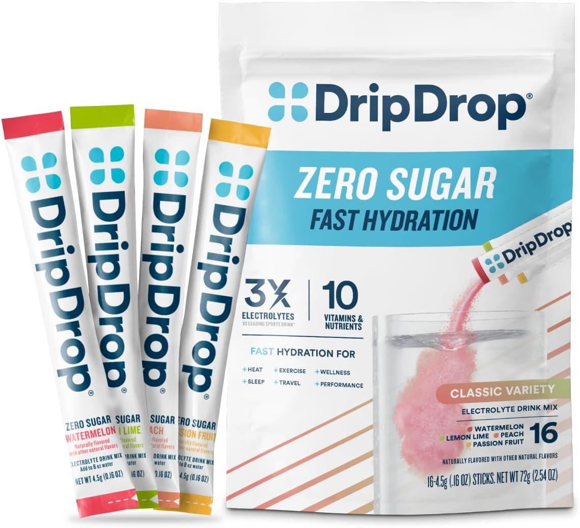DripDrop Sugar Free Hydration Packets – Zero Classic Variety Pack – Single Serve Electrolytes Powder Drink Mix – Lemon Lime, Watermelon, Peach, Passion Fruit – Non-GMO, Gluten Free, Vegan – 16 Sticks