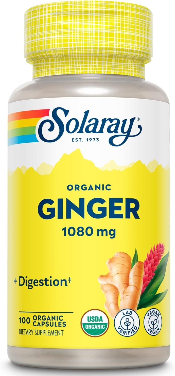 SOLARAY Organic Ginger 1080 mg – Organic Ginger Supplements – Relieves Nausea and Vomiting Associated with Motion Sickness, Supports Joint Health – Vegan, Non Drowsy, 60-Day Guarantee, 50 Servings