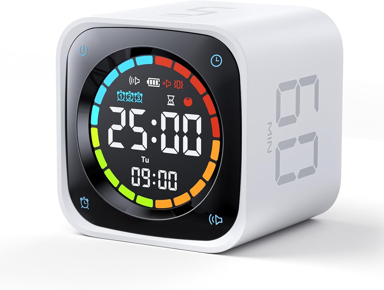 Ticktime TK3 Pomodoro Timer Cube, Productivity Timer, 5/10/30/60 Min Presets, Custom Countdown, Stopwatch & Clock, Triple Alarms, Silent/Vibration/Sound Alerts, Rechargeable for ADHD Study Task, White