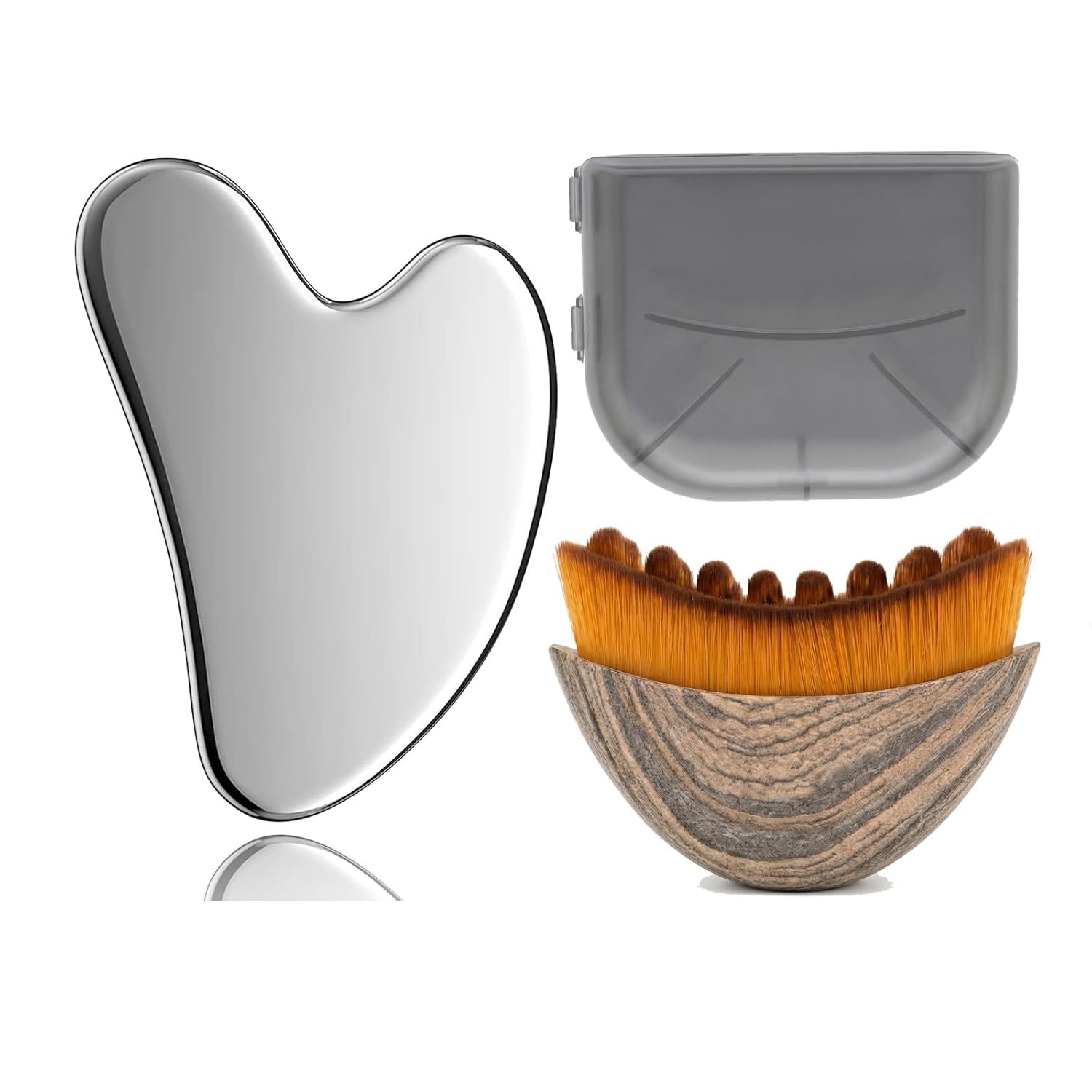 Stainless Steel Gua Sha Tool & Lymphatic Drainage Face Brush Set, Facial Massage Kit for Jawline Sculpting Puffiness Lifting Relaxation, Contour Face Brush with Storage Case for Women EDCBMB
