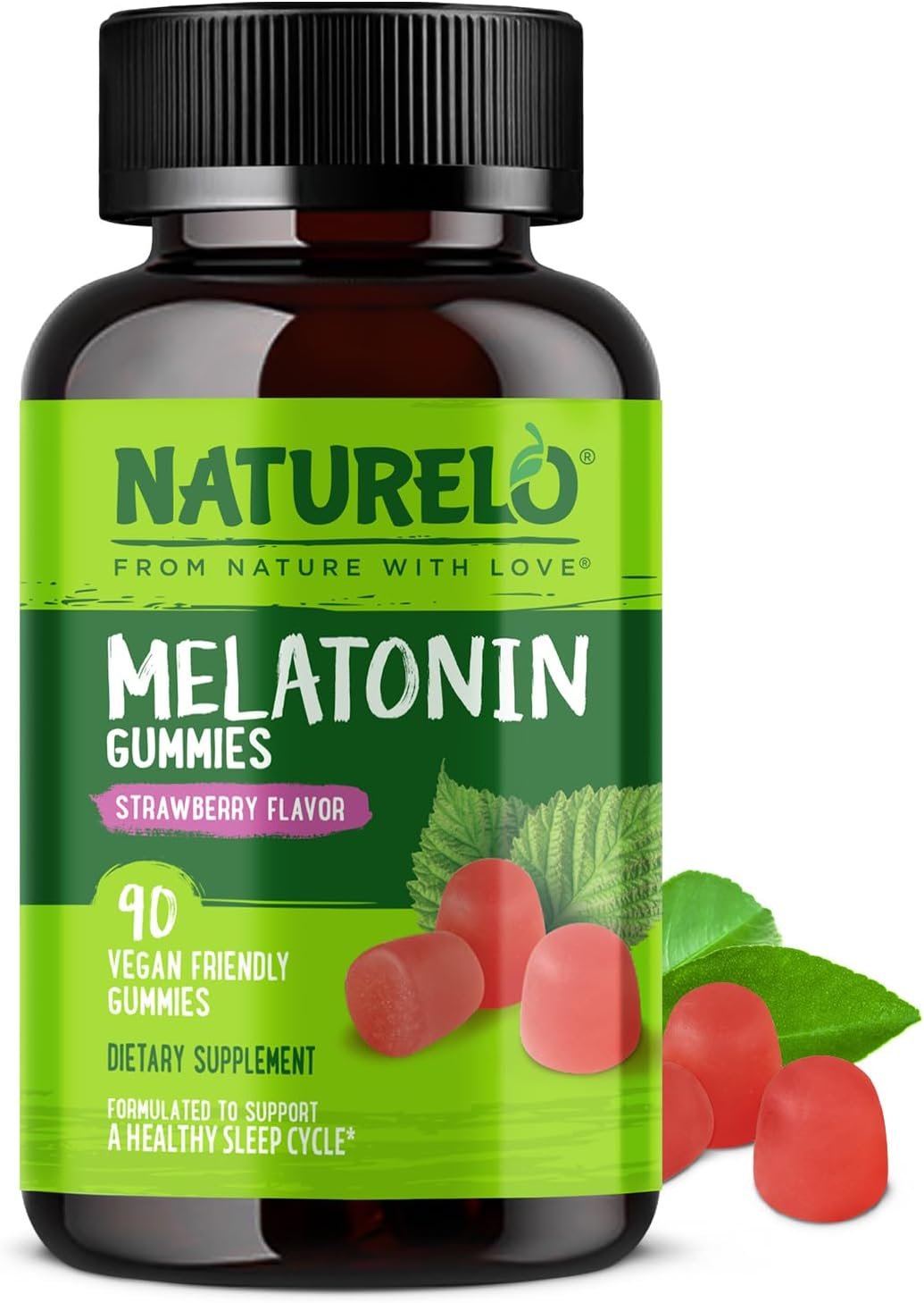 NATURELO Melatonin Gummies – Non-GMO, Gluten-Free, Soy Free – Strawberry Flavor – Gentle Sleep Supplement – 90 Vegetarian Gummies
