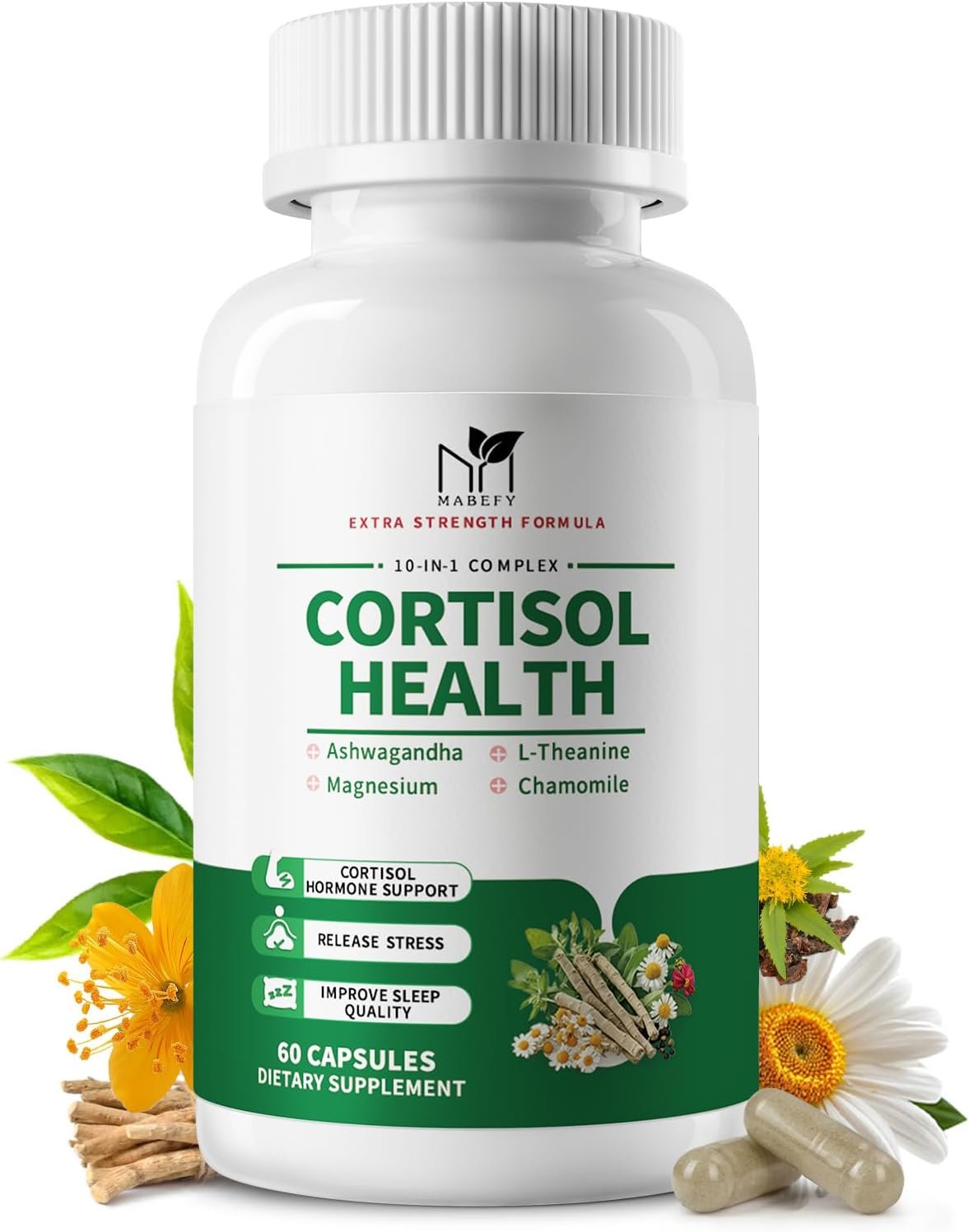 MABEFY Cortisol Supplements for Women/Men – 10 in 1 Cortisol Manager Reducer Lower Detox Balance with Magnesium, Ashwagandha, L-Theanine for Stress, Sleep, Calm, Mood Support – 60 Capsules for 30 Days