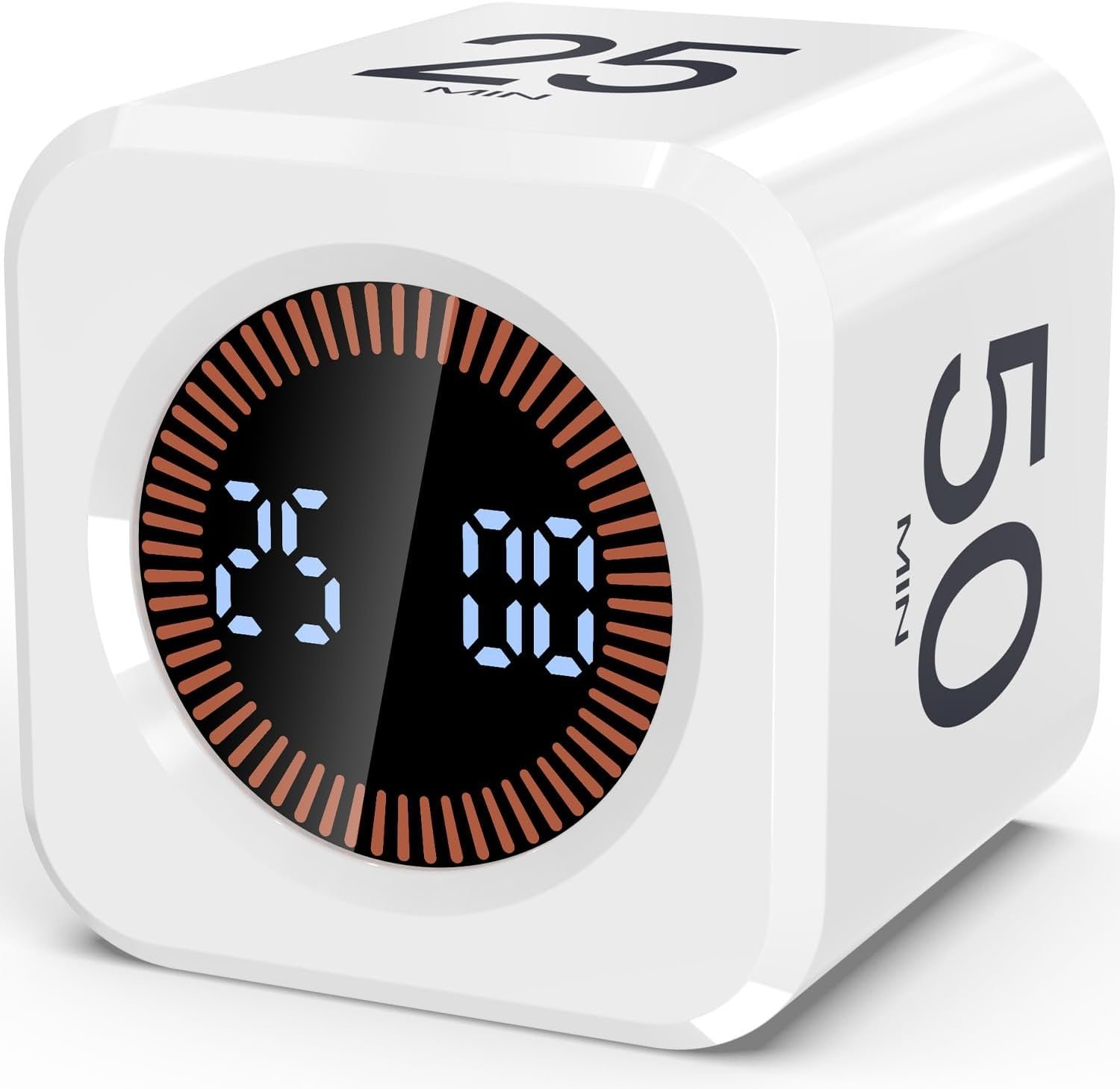 Digital Pomodoro Timer Cube 5/10/25/50min, Visual Productivity Flip Timer for Kids Classroom Desk, Custom Countdown, Silent and Sound Mode for ADHD Study Work Game Kitchen (White)
