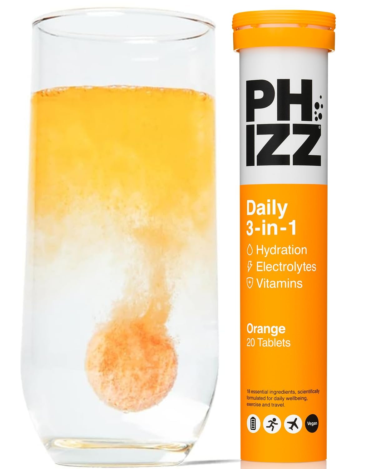 Phizz Electrolyte Multivitamin Rehydration Tablets – 19 Vitamins & Minerals, Energy Boost (Orange, 20 Tablets)