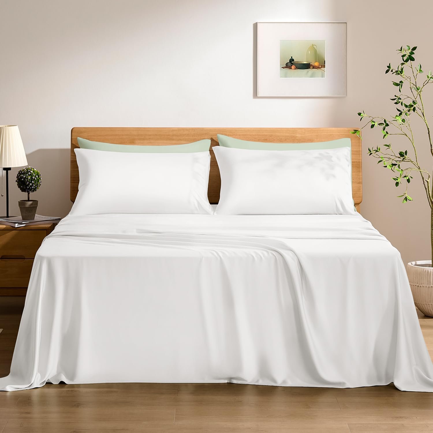 TOSMO Luxury Cooling Sheet Set – 100% Viscose from Bamboo, 4-Piece Bedding Set (Queen Size) – 18” Extra Deep Pockets, Oeko-Tex Certified, Silky Soft and Breathable, Classic White