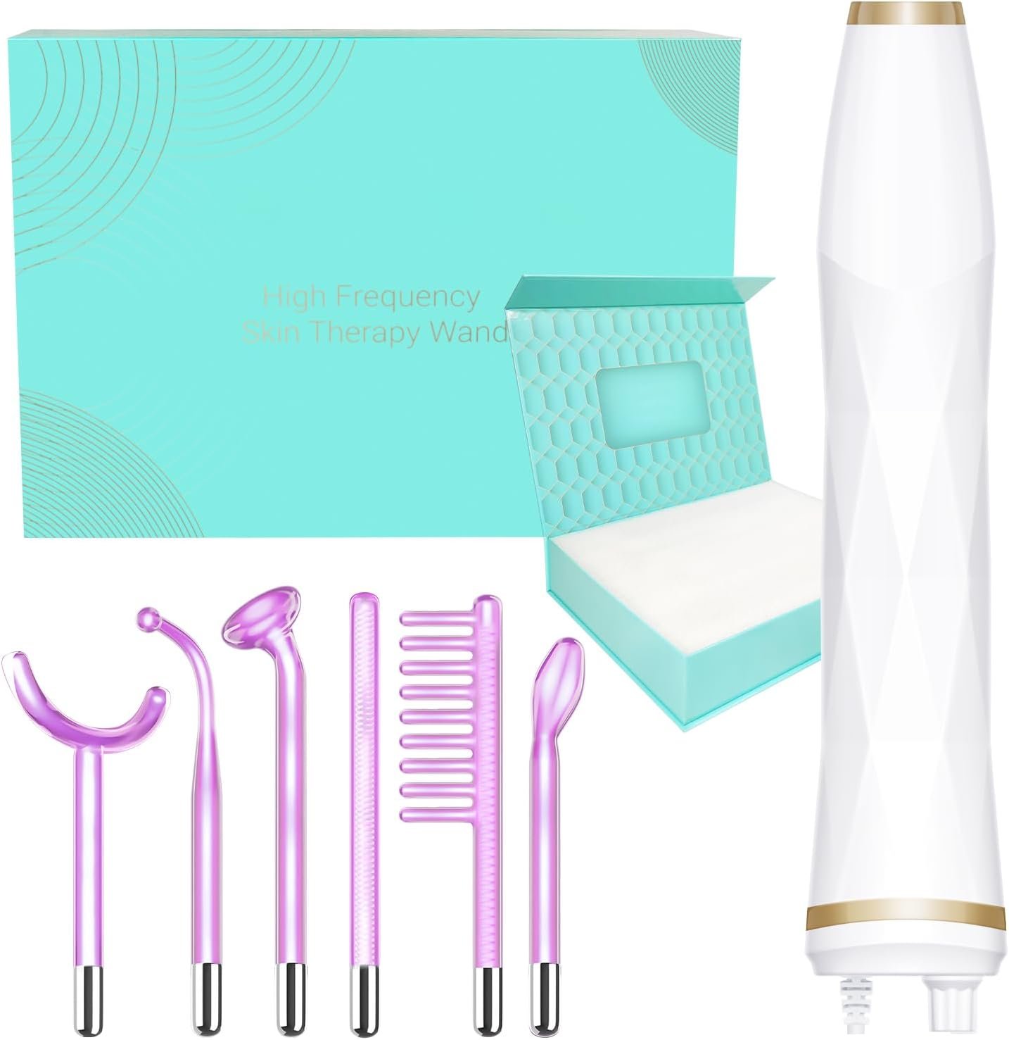 High Frequency Facial Wand – TUMAKOU Portable Violet Light High Frequency Facial Skin Machine – with 6 Glass Tubes（White）