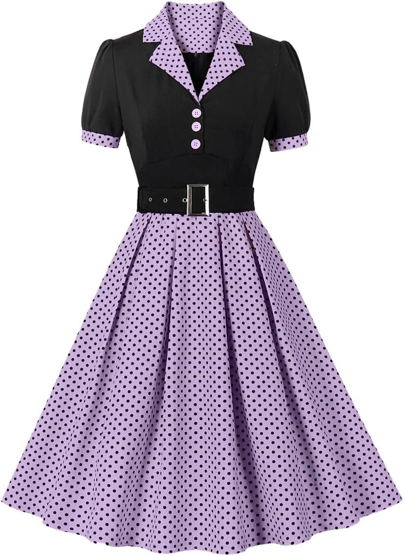 ODIZLI Women’s 1950s Retro Dress Short Sleeve Notched Lapel Polka Dot Stripe Swing Dress with Belt Cocktail Dress