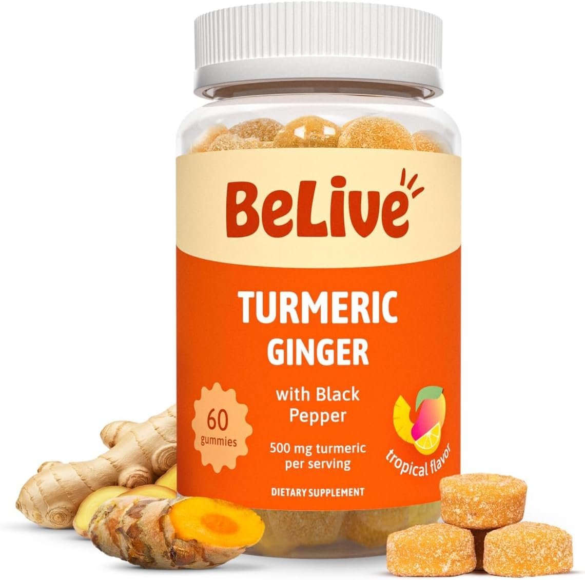 BeLive Turmeric and Ginger Gummies – 500mg – Joint and Mobility Support Supplement – Curcumin with Black Pepper for Enhanced Absorption – Gluten Free and Vegan – Tropical Flavor – 60 Count
