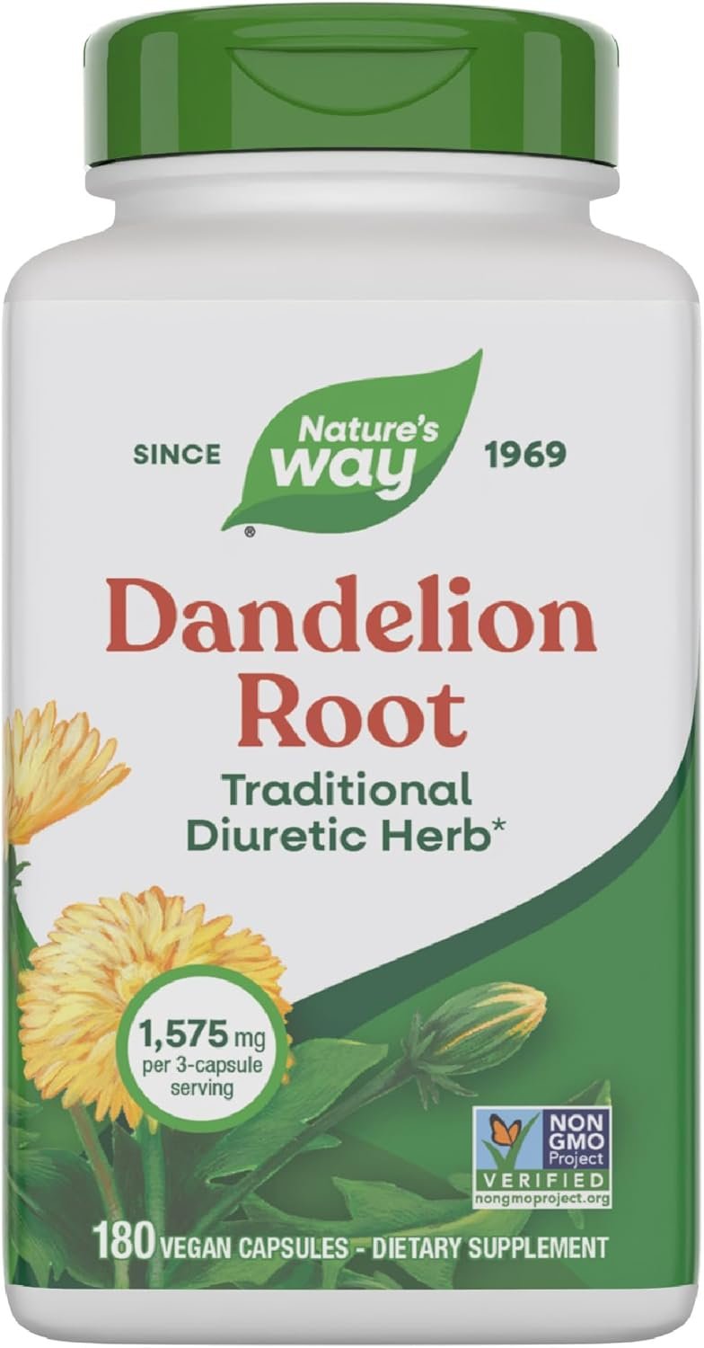 Nature’s Way Dandelion Root, Traditional Diuretic Herb*, Traditionally Used to Soothe Digestive Upset*, Vegan, 180 Capsules (Packaging May Vary)