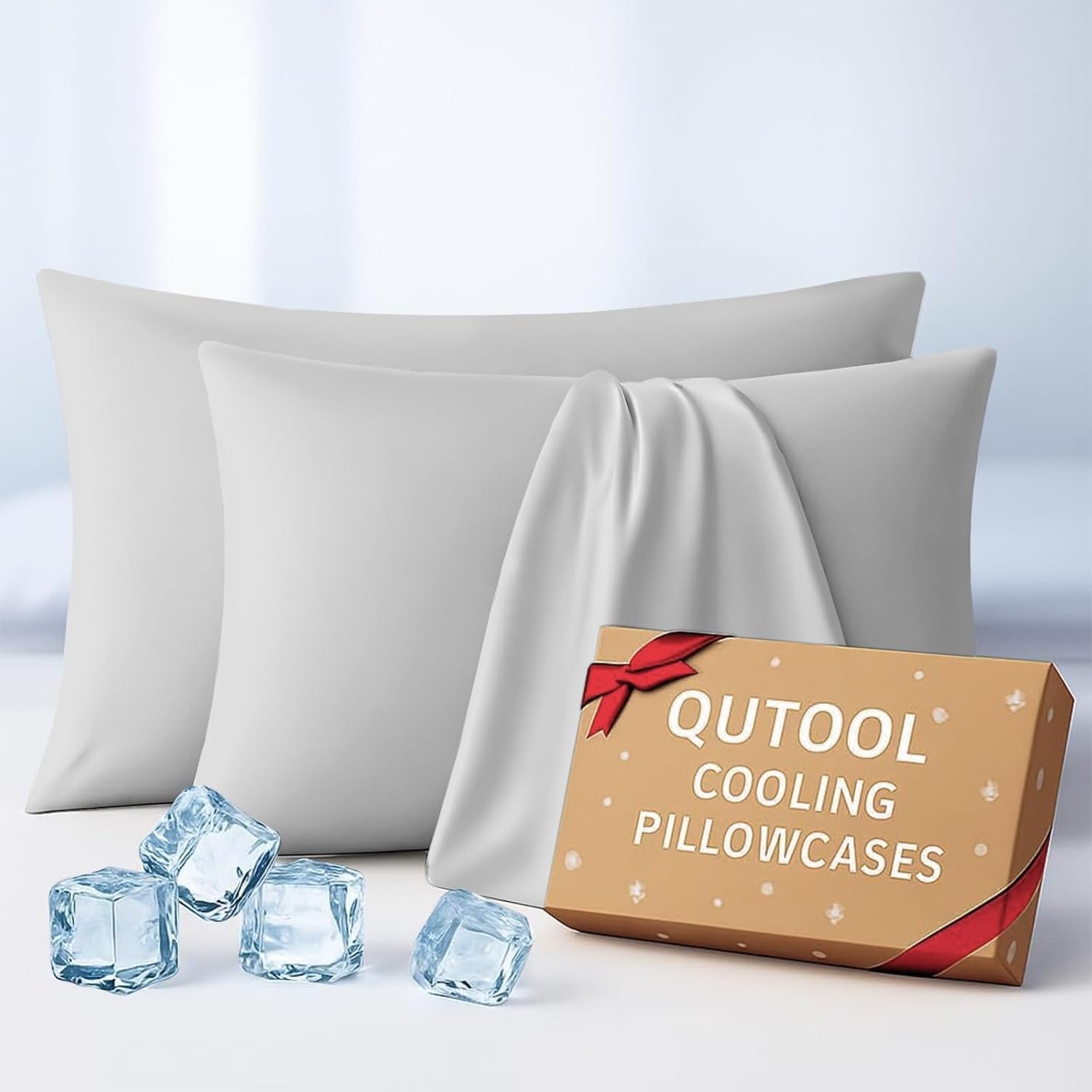 Luxury Cooling Pillowcases Queen Size 2 Pack, Q-Max>0.4 Cool Touch for Hot Sleepers&Night Sweats Beauty Sleep Anti-Frizz, Softer Than Silk Pillowcover Oeko-TEX Certified Grey